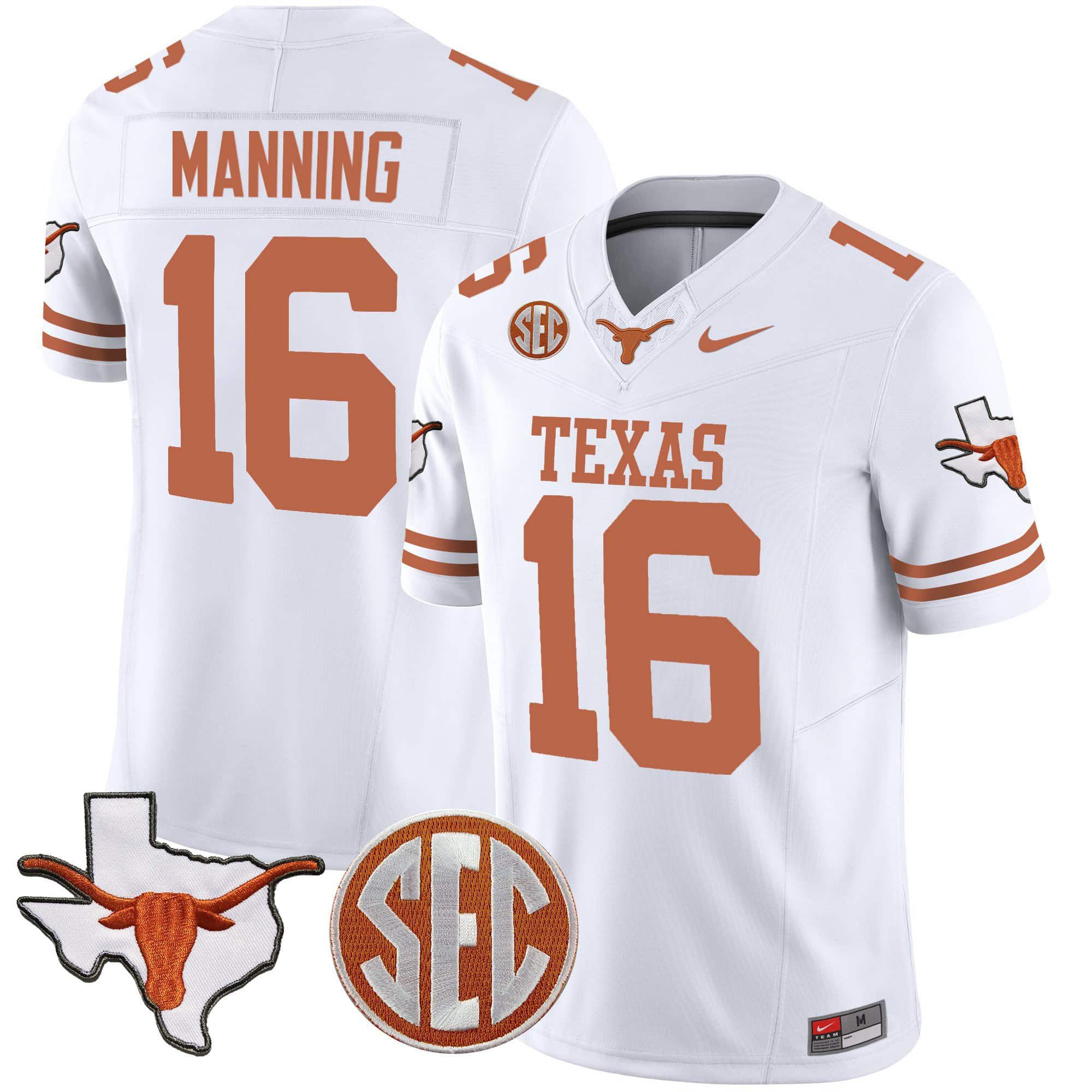 Men Texas Longhorns 16 Manning White 2024 Nike State Map & SEC Patch Vapor NCAA Jersey